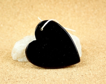 32mm Black Onyx Heart Pendant - Smooth Polished Offset Hole Focal Bead for Jewelry Making and Handmade Crafts