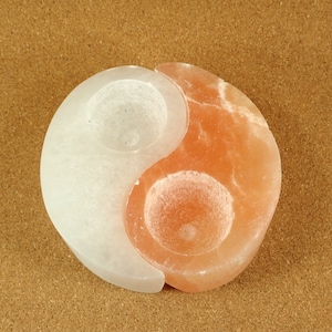 4.8in Selenite Yin-Yang Candle Holders - White and Peach Selenite Interlocking Yin-Yang Display Mineral Specimen
