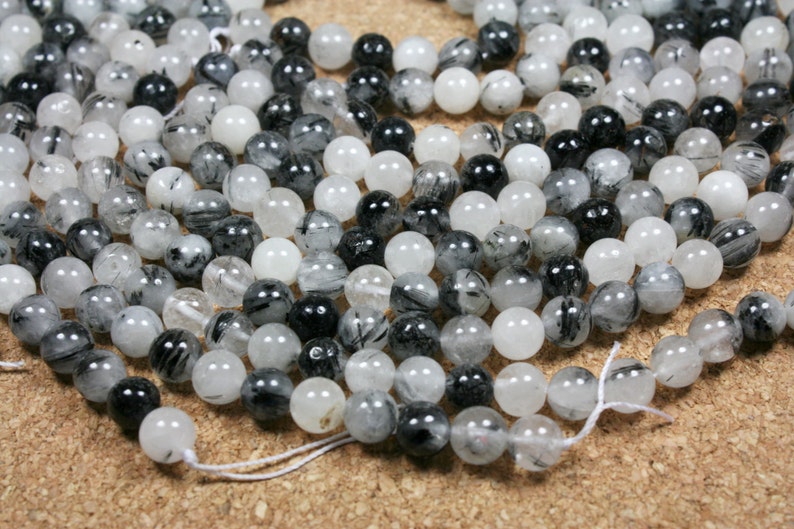 13 inch strand 8mm Rutilated Quartz Round Beads White and Black Inclusions Smooth Beads