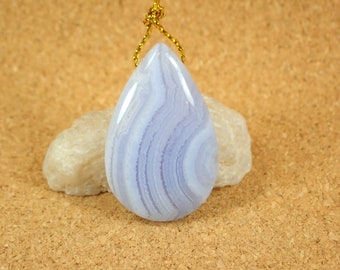 36mm Blue Lace Agate Teardrop Pendant - Smooth Polished Top Drilled Natural Focal Bead - Stone Jewelry Making Supplies and Handmade Crafts