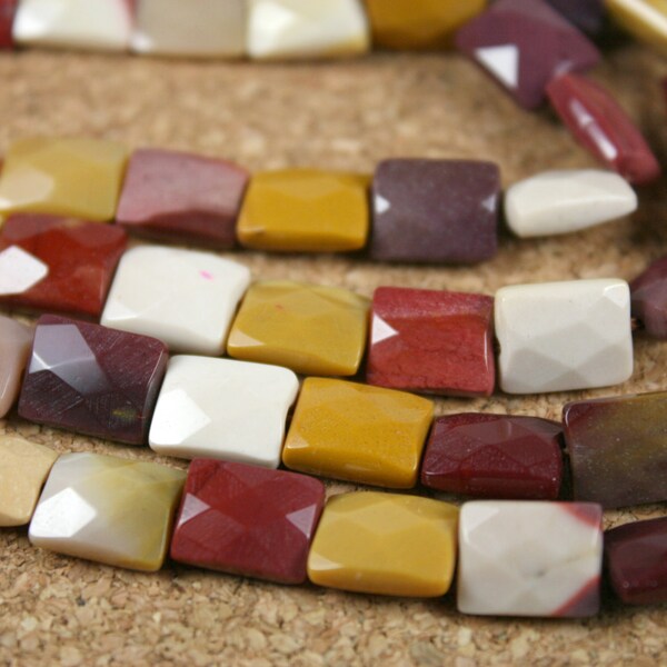Mookaite Beads Faceted Rectangle Maroon Yellow Ivory, 10x8mm, 16 inch strand