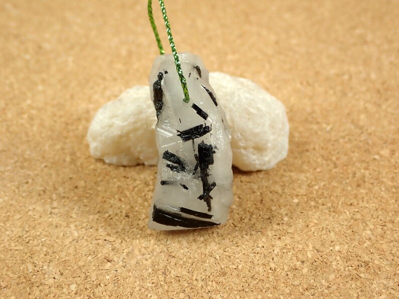 Rough Black and White Irregular Top Drilled Focal Bead Black Tourmaline in Quartz Pendant