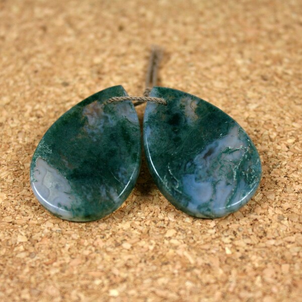 Moss Agate Earring Pair - Green and White Teardrop Beads, 1 pair