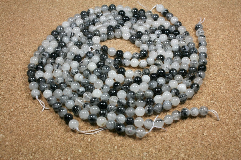 13 inch strand 8mm Rutilated Quartz Round Beads White and Black Inclusions Smooth Beads