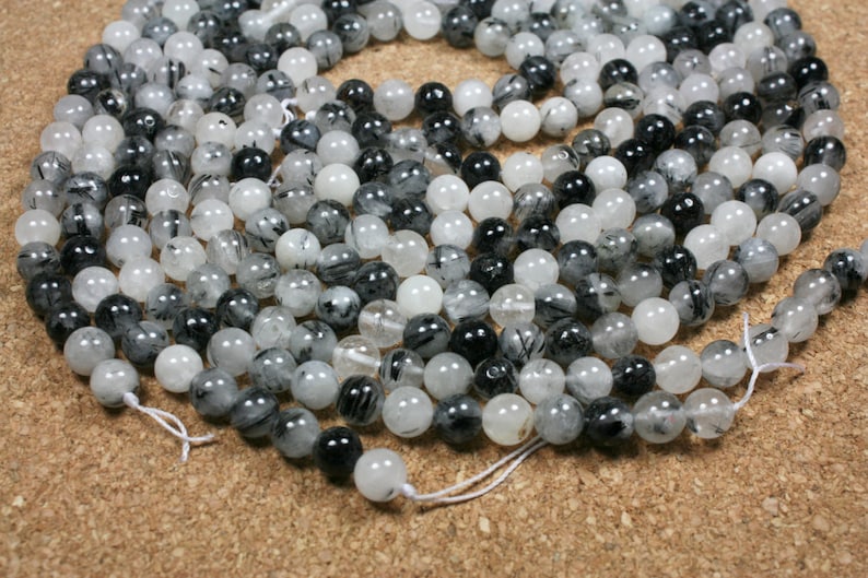 13 inch strand 8mm Rutilated Quartz Round Beads White and Black Inclusions Smooth Beads