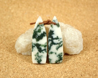 30mm Moss Agate Triangle Earring Pair - Smooth Polished Front Drilled Matched Beads - Supplies for Jewelry Making