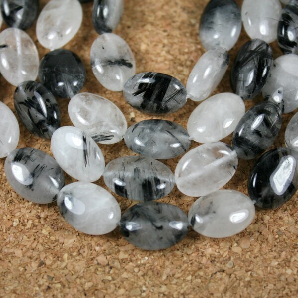 Smooth Oval Rutilated Quartz Beads - Black  and White Beads, 15 inch strand
