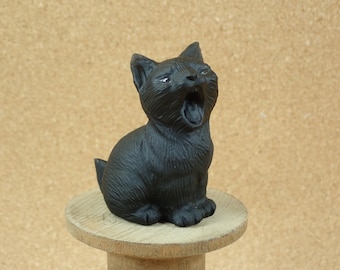 41mm Black Obsidian Yawning Cat Mineral Specimen - Smooth Animal Shaped Natural Stone Specimen and Display Piece for Collectors