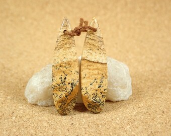 37mm Picture Jasper Earring Pair - Smooth Front Drilled Teardrop Matched Beads for Jewelry Making and Supplies