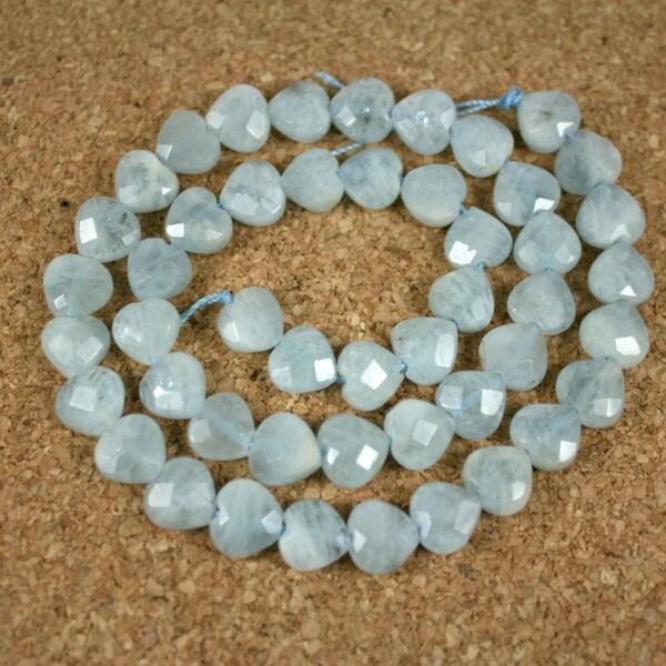 Aquamarine Heart Beads - Light Blue Faceted Sparkly Opaque Beads, 8 inch strand