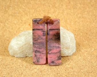 30mm Rhodonite Earring Pair - Rectangle Front Drilled Matched Beads for Jewelry Making and Handmade Craft Supplies