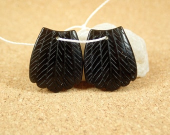 22mm Black Obsidian Earring Pair - Smooth Front Drilled Carved Feather Matched Beads for Jewelry Making and Handmade Crafts