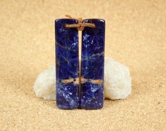 40mm Sodalite Rectangle Earring Pair - Smooth Front Drilled Matched Beads for Jewelry Making, Design and Craft Supplies