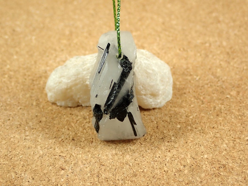 Rough Black and White Irregular Top Drilled Focal Bead Black Tourmaline in Quartz Pendant
