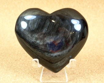 2.7in Silver Sheen Obsidian Heart Mineral Specimen - Smooth Polished Carved Natural Stones for Rock Collectors and Display