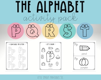 May include: Black and white printable alphabet activity pack for kids. The pack includes worksheets for building the letter P, coloring a picture of the letter P, and matching the letter P with words like "pencil" and "pumpkin".