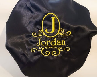 Embroidered Monogram Satin Bonnet: Personalized Adult Sleep Cap