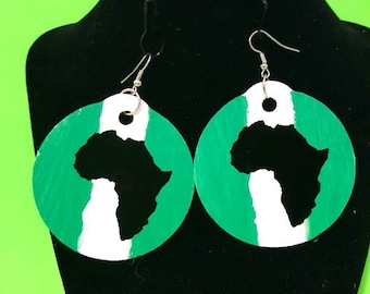 Nigerian Flag Wooden Earrings: Africa Silhouette, Green White Green