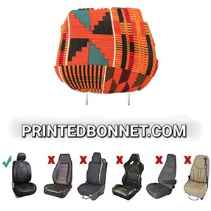 May include: A printed headrest cover with an orange, black, and green geometric pattern. The cover is designed to fit over a car seat headrest. The image also shows examples of car seats that the cover will fit on. The text "PRINTEDBONNET.COM" is displayed below the headrest cover.