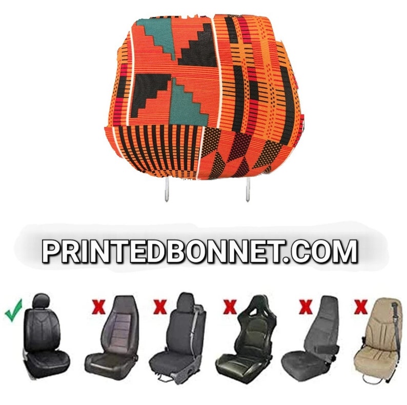 May include: A printed headrest cover with an orange, black, and green geometric pattern. The cover is designed to fit over a car seat headrest. The image also shows examples of car seats that the cover will fit on. The text "PRINTEDBONNET.COM" is displayed below the headrest cover.