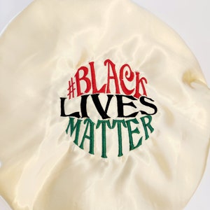 Black History Month hair bonnet/Satin ADULT bonnet/fierce bonnet/ Embroidered bonnet/BLM/BGM/Juneteenth/Gift for her/Reversible Satin Bonnet