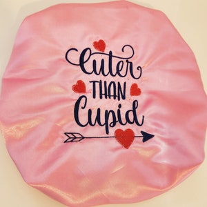 Valentine&#39;s day hair bonnet/Satin ADULT bonnet/love bonnet/ Embroidered bonnet/Valentine Gift/Gift for her/Reversible Satin Bonnet