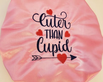 Valentine's day hair bonnet/Satin ADULT bonnet/love bonnet/ Embroidered bonnet/Valentine Gift/Gift for her/Reversible Satin Bonnet