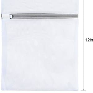 May include: White mesh laundry bag with a zipper closure and a white pull tab. The bag measures 9.5 inches wide and 12 inches tall.
