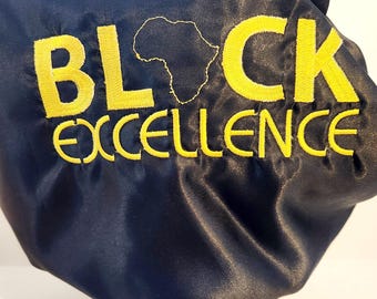 Black Excellence Satin Bonnet: Embroidered Adult Sleep Bonnet