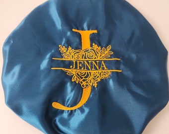 Birthday Gift, Embroidered Floral Satin Hair Care, Personalized Sleep Cap, Monogram Sleep Bonnet