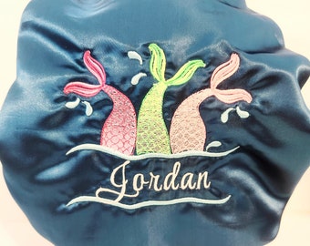Mermaid Embroidered Satin Bonnet: Personalized Sleep Cap