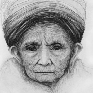 Realistic Pencil Portrait Drawing of Elderly Woman Wearing a Hat. Original Art Reproduction Prints in a Variety of Sizes