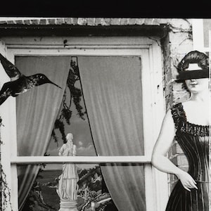 May include: A black and white photo collage featuring a woman in a striped dress standing in front of a window. The window shows a statue of a woman in a flowing gown, a hummingbird flying, and a beach scene.