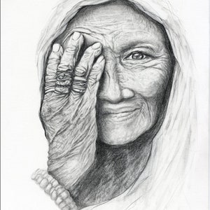 Original Pencil Drawing Old Woman Portrait Wrinkled Hands with Rings DIGITAL DOWNLOAD