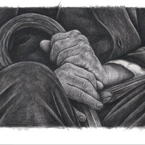 Dibujo a lápiz de manos Amish de un anciano sosteniendo un bastón y un libro. Arte original. DESCARGA DIGITAL.