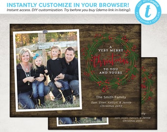 Rustic Christmas Card Template - Wood Wreath Holiday Photo Templett - 4x6 & 5x7 - Instant Download