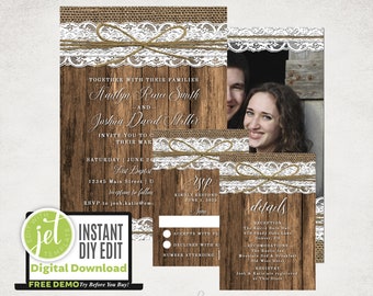 Rustic Wedding Invitation Suite Set - Fall, Winter, Burlap, Lace, Western, Country - Photo JetTemplate - 5x7, 3.5x5 - Instant Download