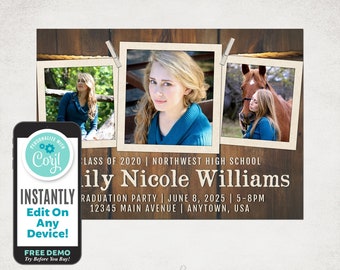 Graduation Announcement Invitation Template Corjl - Rustic, Western, Barn, Country - 5x7 and 4x6 - Instant Download