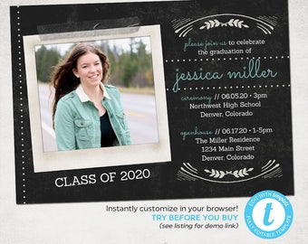 Senior Graduation Announcement Invitation - Chalkboard Vintage Grunge Unique - 5x7 - INSTANT DOWNLOAD