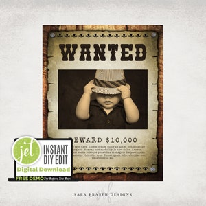 Wanted Poster Template - 8.5x11 - Western, Photo, Cowboy, Cowgirl, Old West, Rustic, Birthday, Party - DIY -  Instant Download