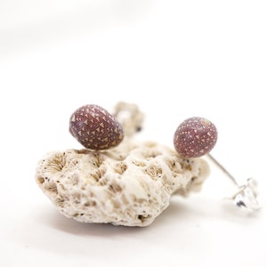 May include: A pair of earrings featuring small, round, brown and white seashells with a geometric pattern. The shells are attached to silver posts.