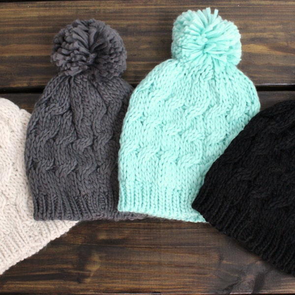 Women's Pom Pom Beanie, Knitted Beanie, Beanie, Cable Knit Beanie, Knitted Hat, Grey, Mint, Black, Hat, Slouchy Beanie, Women's Winter Hat