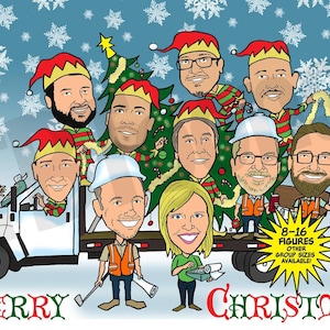 8-16ppl Christmas Caricature Holiday Company or Family Portrait Custom Cartoon Group Drawing From Photo Personalized Illustration Card Gift