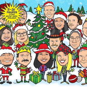 Caricatura navideña para 8-16 personas, tarjeta corporativa o familiar, retrato personalizado, dibujo grupal de caricatura a partir de foto, ilustración personalizada, regalo