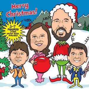 3-7ppl Family Christmas Caricature Holiday Card I Custom Group Portrait Drawing From Photo I Personalized Company Cartoon Illustration Gift