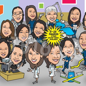 Ritratto di gruppo di 8-16 persone, caricatura, disegno digitale personalizzato, illustrazione, azienda, attività, pensione, famiglia, regalo di compleanno