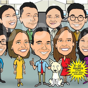 8-16ppl Custom Business Caricature Portrait Drawing Personalized Digital Cartoon Group Illustration Company Corporate Retirement Card Gift