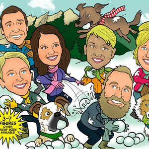 Caricatura natalizia da 3 a 7 persone, biglietto d'auguri per la famiglia o per le vacanze, ritratto di gruppo personalizzato, disegno da foto, illustrazione di cartone animato personalizzata, regalo