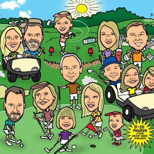 Retrato de caricatura de grupo para 8 a 16 pessoas, desenho animado digital personalizado, ilustração personalizada a partir de foto, presente de aposentadoria para família, amigo, escritório!