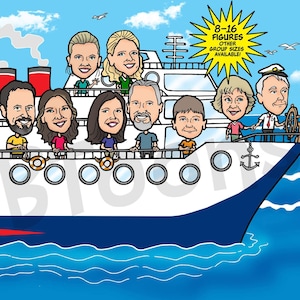 Benutzerdefinierte Karikatur Porträt für 8-16 Personen - Digital Cartoon Zeichnung vom Foto, Gruppen Familien Urlaub, lustiges Geschenk zum Ruhestand
